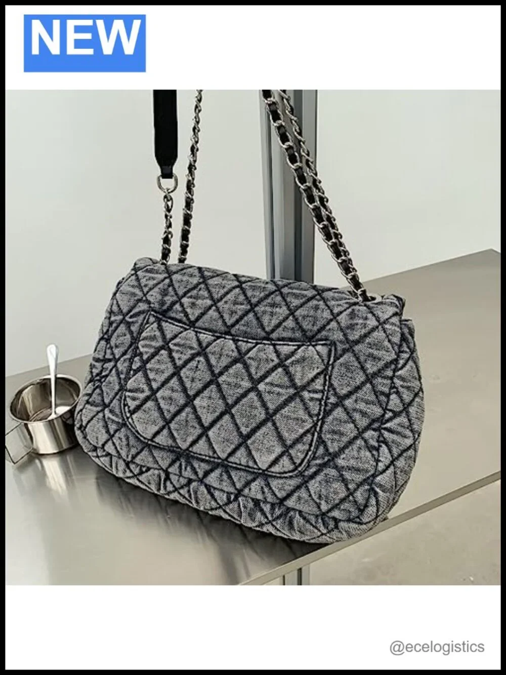 Washed Denim Quilted Tote Bag with Chain Strap